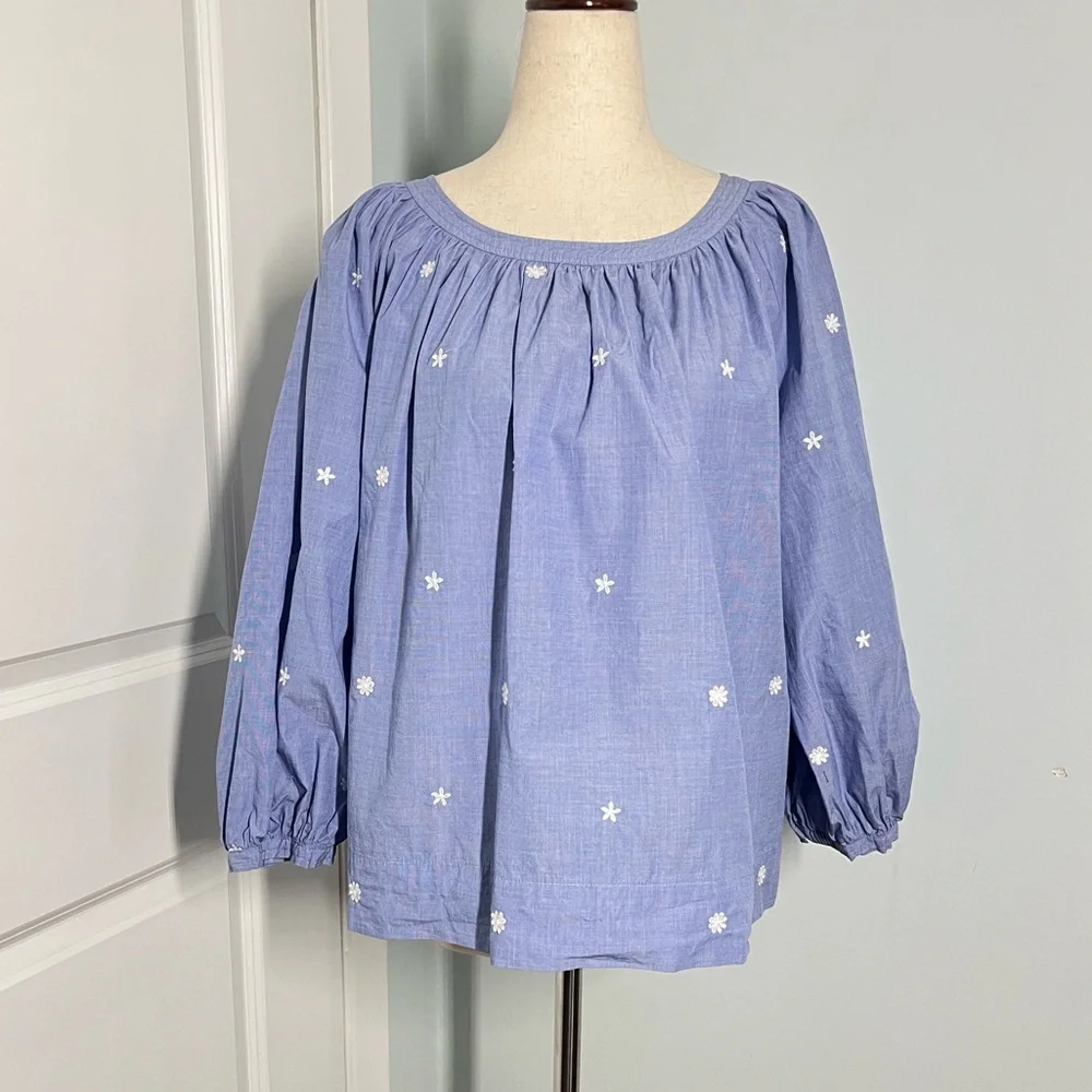 J. Crew The Perfect Embroidered Chambray Top Puff Sleeves blouse size M